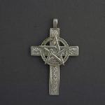 This 1 1/2 inch cross has a discreet foral pattern and a half inch pentagram.