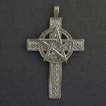 This 2 1/4 inch cross has a discreet foral pattern and a one inch pentagram.